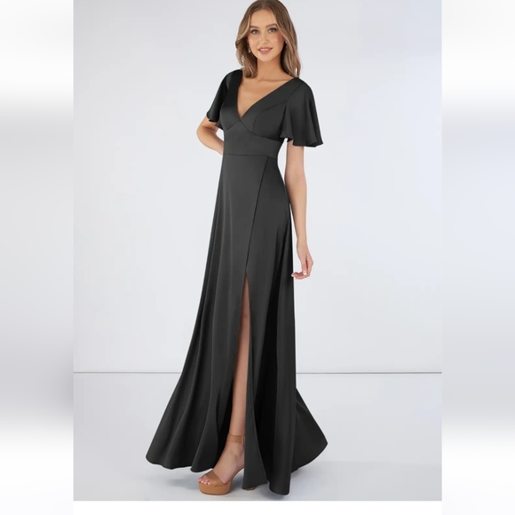 Azazie Dresses & Skirts - Azazie A-Line Pleated Stretch Satin Floor-Length Dress in Black